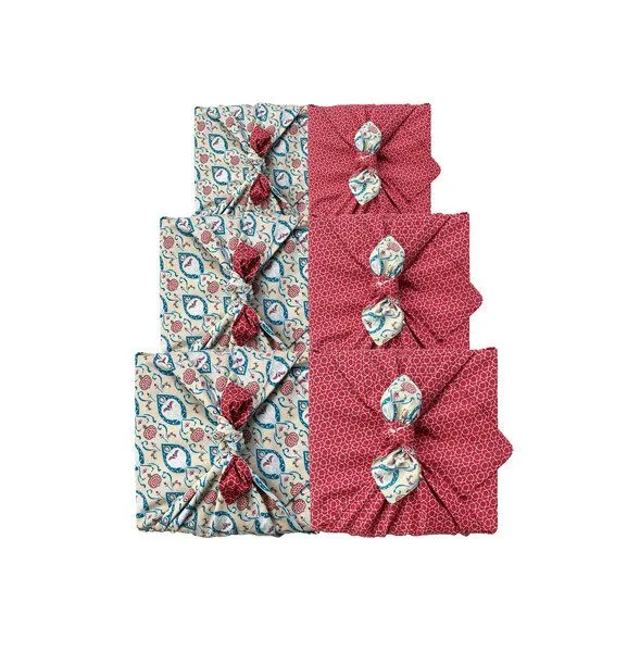 FabRap Gift Wrap FabRap Gift Wrap Wiederverwendbare Geschenkverpackung Furoshiki Set mit drei Größen (doppelseitig), Teal & cherry, – Produktbild 2 von 4