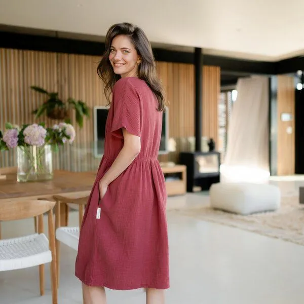 NORDLICHT NORDLICHT Damen Musselin Kleid aus 100% Bio-Baumwolle ALMA, Rot, – Produktbild 3 von 4