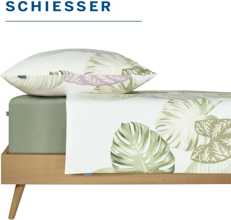 Schiesser Schiesser Spannbettlaken Elli aus weicher Baumwolle mit Elasthananteil für flexiblen Sitz, Jersey-Elasthan, Gummizug: rundum, (1 Stück), für hohe Matratzen und Boxspringbetten, OEKO-TEX® MADE IN GREEN, Grün, – Produktbild 1 von 5