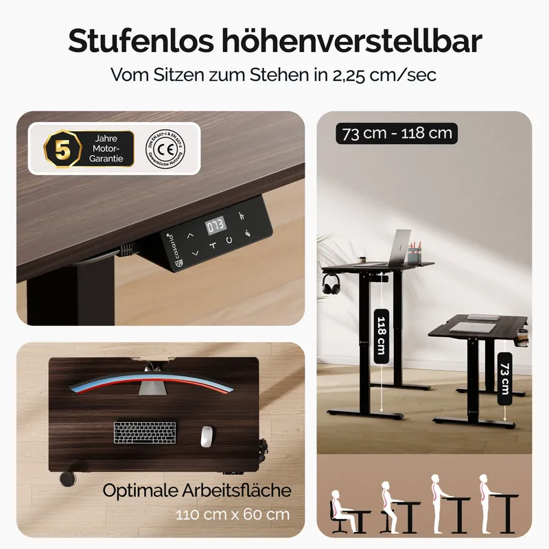 Casaria® Höhenverstellbarer Schreibtisch Braun 110x60x73-118cm, Braun, – Produktbild 2 von 2