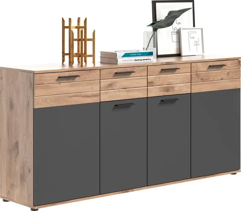 Home affaire Sideboard Riga, Breite 180cm, 4 Türen, 2 Schubkästen, 6 Einlegeböden, 10 Fächer, hochwertige Rillenfräsung, mit Softclose, Kommode, Anrichte, Schrank, Grau, – Produktbild 2 von 5