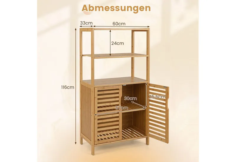 COSTWAY COSTWAY Bücherregal Bambus mit Lamellentüren, Vorratsschrank 60x33x116cm, Standregal, Beige, – Produktbild 5 von 5