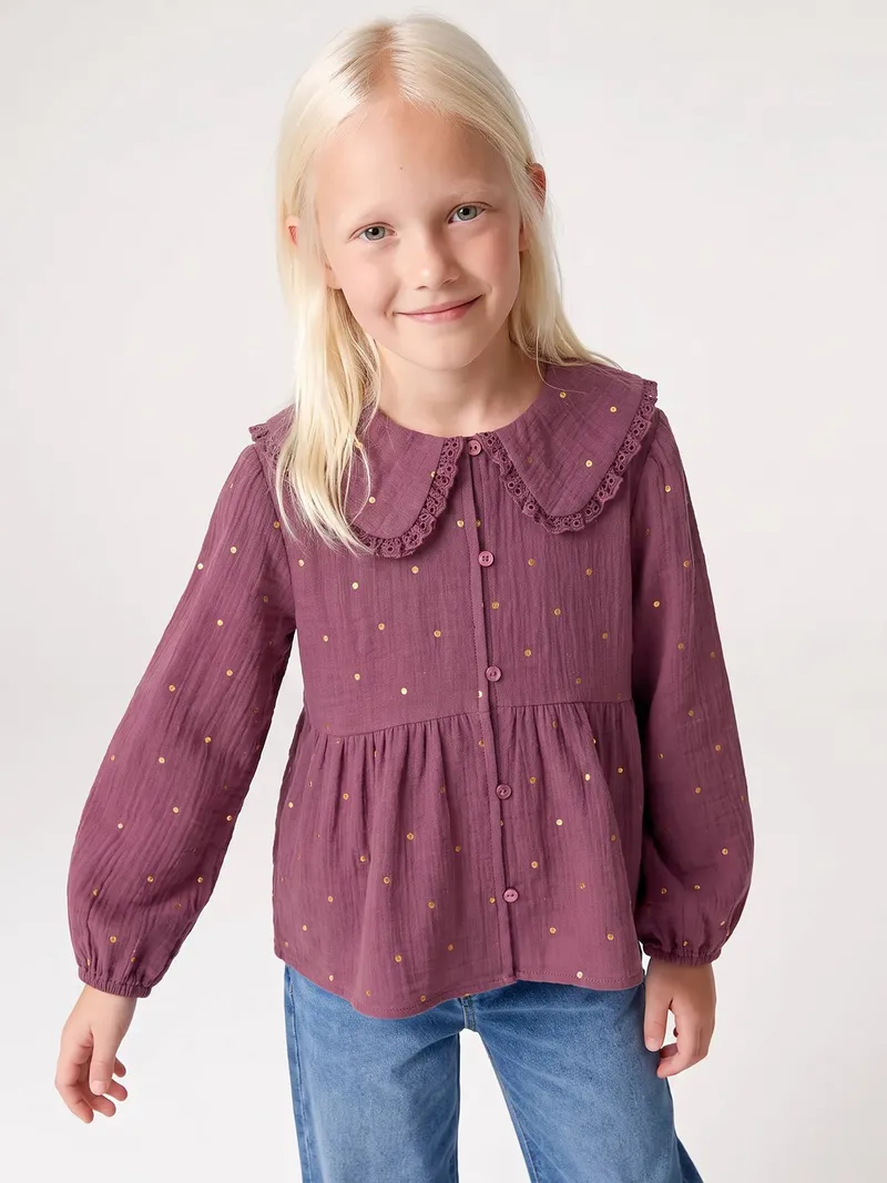 Vertbaudet Langärmelige Mädchen Bluse aus Musselin, Pflaume, – Produktbild 2 von 4