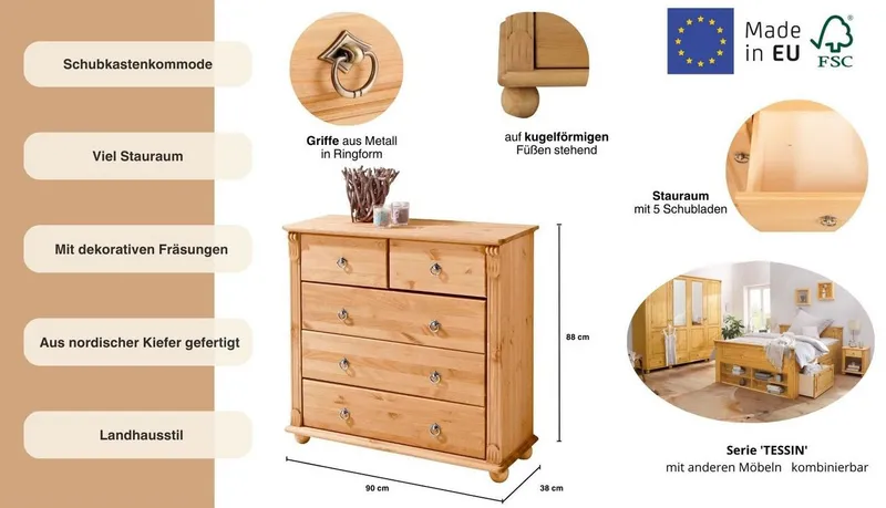 OTTO home Schubkastenkommode Tessin, aus massiver, FSC zertifizierter Kiefer, mit 5 Schubladen, Beige, – Produktbild 4 von 5