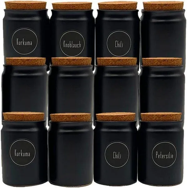 mikken mikken 12x Gewürzdose Keramik Topf schwarz inkl. Gewürzetiketten – Produktbild 2 von 3