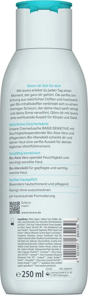 lavera lavera Cremedusche "Basis Sensitive" Bio-Aloe Vera & Bio-Mandelöl, 250 ml – Produktbild 4 von 4