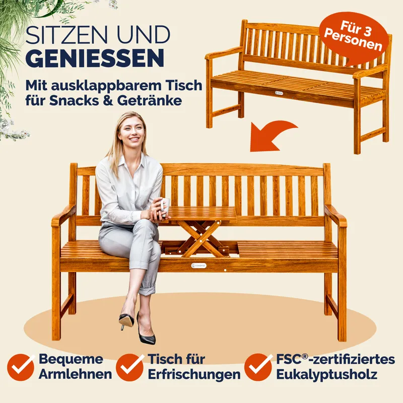 Casaria® Gartenbank Picknick mit Tisch Eukalyptus FSC®-zertifiziert, Braun, – Produktbild 2 von 2