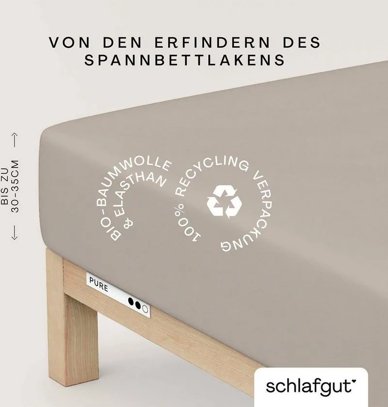 Schlafgut Schlafgut Spannbettlaken PURE Bio-Baumwolle mit Elasthan, 170 g/m², Bettlaken, Spannbetttuch, Jersey, Gummizug: rundum, (1 Stück), PREMIUM Laken für Matratzen bis 30cm Höhe, dehnbar blickdicht, straff, Braun, – Produktbild 2 von 4