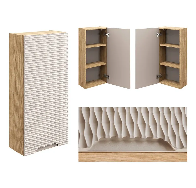 Lomadox Hängeschrank OLUO-56-BEIGE Wandschrank Badschrank, Eiche mit beige, 3D-Struktur, Braun, – Produktbild 1 von 4
