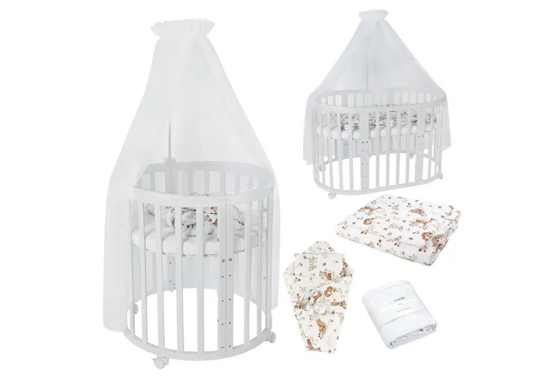 Waldin Waldin Babybett Oval 7in1 mitwachsend, Beistellbett, Matratze, Rollen, Weiß, – Produktbild 2 von 8
