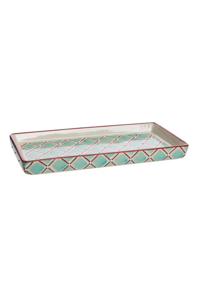 Tranquillo Tranquillo Badorganizer Steinzeug Badablage RETRO FLAIR 23x12x2,5 cm spülmaschinengeeignet (Einzelartikel, nicht als Set, Einzelne Badablage, kein Set, keine Packung), Handgestempelte, rechteckige Ablage im Retro-Design, Grün, – Produktbild 1 von 2