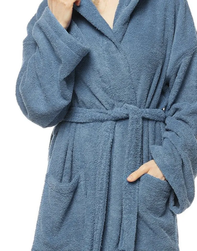 Arus Arus Damenbademantel Astra, pflegeleicht, wadenlang oder extralang für Spa & Sauna, 100% Baumwolle, Kapuze, Gürtel, mit Kapuze, wadenlang oder extra lang, 100% Baumwolle, Blau|grau, – Produktbild 5 von 5
