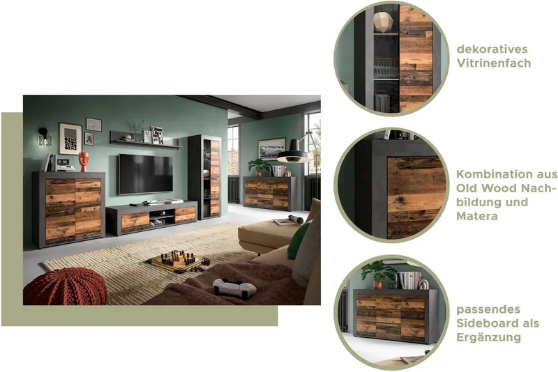 OTTO home Wohnwand AOSTA, Breite 330cm, 4-teilige Wohn-Kombination, (4-St., bestehend aus: Highboard, Lowboard, Wandboard, Vitrine), Wohnwand, Kombination, Anbauwand, Möbel Set, Schrankwand, Möbel Kombi, Grau, – Produktbild 3 von 5