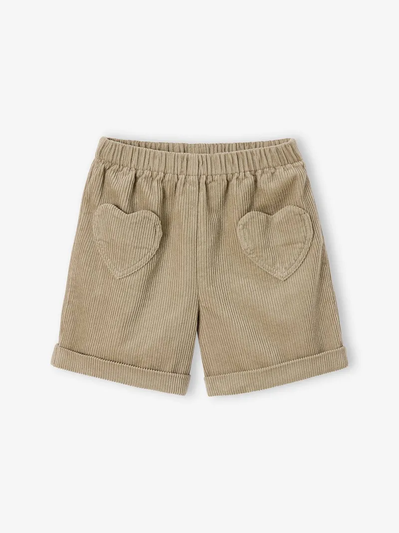 Vertbaudet Mädchen Cord-Shorts mit Herztaschen und Dehnbund, Khaki, – Produktbild 1 von 2