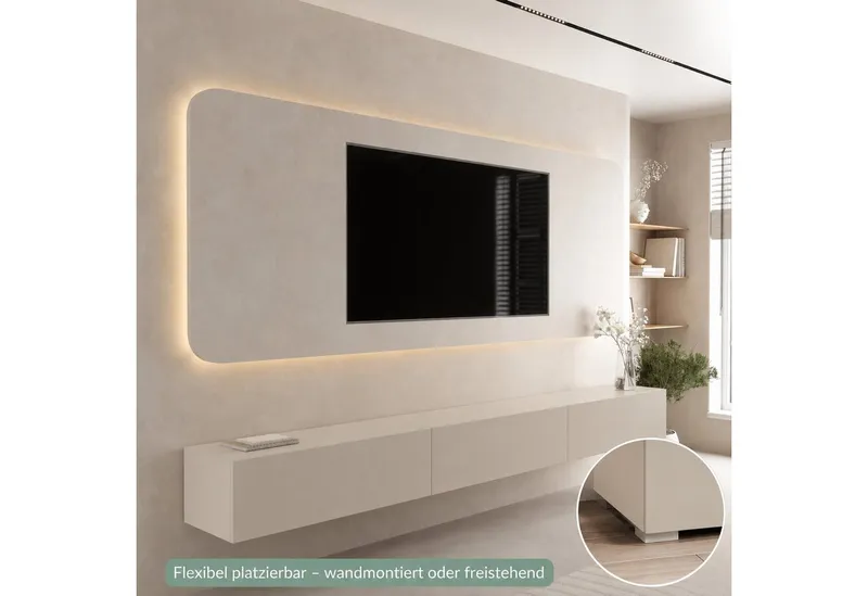 Planetmöbel TV-Schrank West TV-Board, Fernsehtisch 300 cm lang, TV-Lowboard (für Fernseher bis 85 Zoll, TV Schrank viel Stauraum, sideboard hängend, Fernsehschrank 3x 100 x 30 x 37,5 cm) kaschmir, Beige, – Produktbild 4 von 5