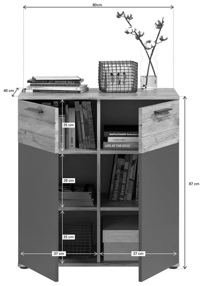Home affaire Sideboard Riga, Breite 90 cm, 2 Türen mit Softclose, 4 Einlegeböden, 6 Fächer, hochwertige Rillenfräsung, Schuhkommode, Kommode, Anrichte, Schrank, Grau, – Produktbild 5 von 5
