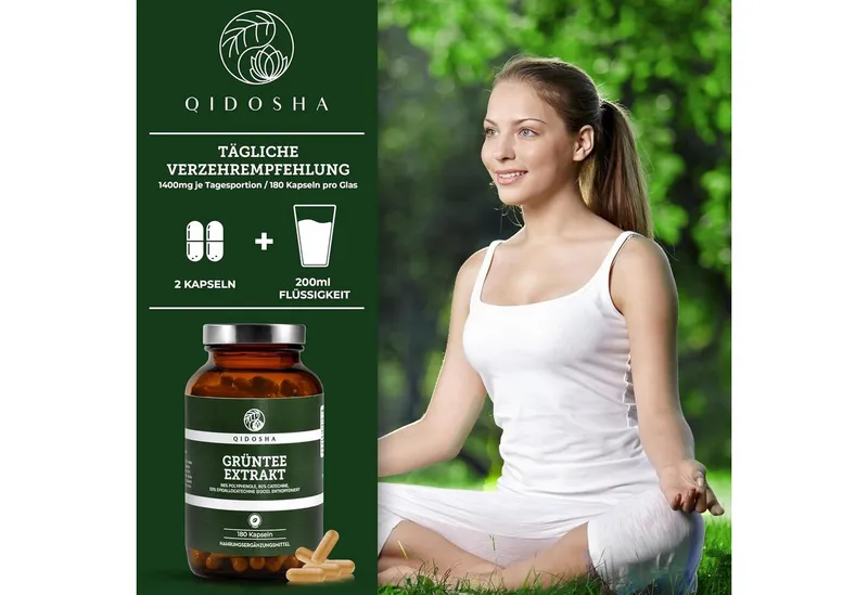 QIDOSHA Grüntee-Extrakt (entkoffeiniert) Kapseln, 1 er 180 St., 66.6 g, 98 % Polyphenole und 50 % EGCG – Produktbild 3 von 5
