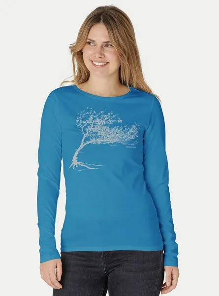Peaces.bio - handbedruckte Biomode Peaces.bio - handbedruckte Biomode Bio-Damen-Langarmshirt Windy Tree, Türkis, – Produktbild 3 von 3