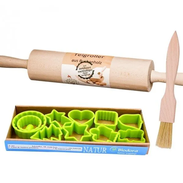 Biodora Biodora Backset – Nudelholz, Küchenpinsel & 11 Bio-Keksausstecher – Buchenholz & Biokunststoff – Made in EU – Produktbild 1 von 4