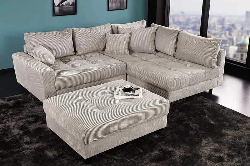riess-ambiente Ecksofa KENT 220cm greige schwarz - Cord, L-Form, Federkern, FSC-zertifiziert, Einzelartikel 1 Teile, Moderne Wohnlandschaft inkl. Hocker - ideal für Wohnzimmer u. Familien, Grau, – Produktbild 4 von 5
