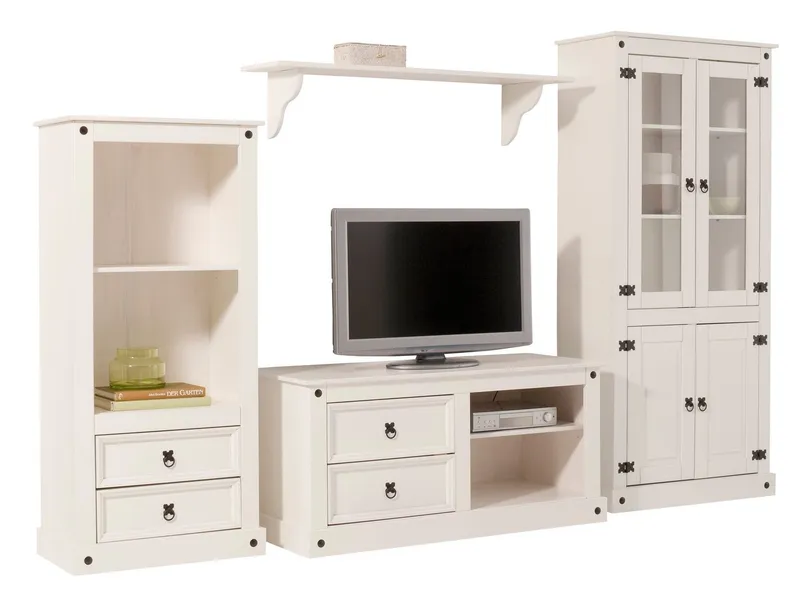 OTTO home Wohnwand Mexiko Vitrine, Regal und TV-Board mit Metallgriffen, (Set, 3-St), bestehend aus 1 Vitrine, 1 Lowboard und 1 Regal, ohne Wandboard, Weiß, – Produktbild 1 von 5