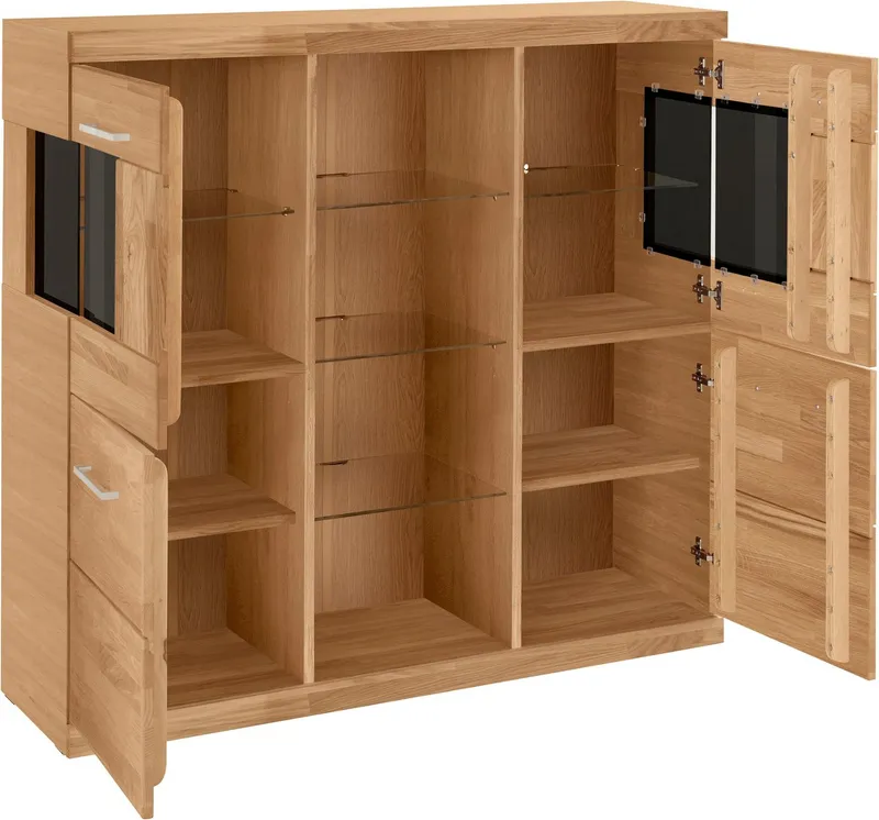 OTTO home Highboard Ribe,120cm breit,112cm hoch,Oberplatte massiv,12 Fächer, Holz massiv, Holzwerkstoff, Metall Griffe,2Türen mit Glaseinsatz, Braun, – Produktbild 1 von 8