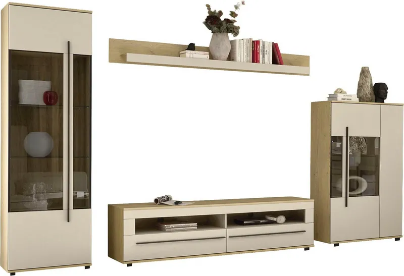 Home affaire Wohnwand Cantara, Anbauwand, Wohnzimmer-Set, in Eiche Evoke, Weiß oder Kaschmir, (Set, 4-St), enthält zwei Vitrinen, ein Lowboard und ein Wandboard, Braun, – Produktbild 1 von 8