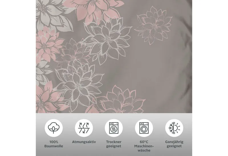 OTTO home Bettwäsche Susan in Gr. 135x200 oder 155x220 cm, Linon, 2 teilig, in verschiedenen Qualitäten, romantische Bettwäsche mit Blumen, Grau|rosa, – Produktbild 3 von 5