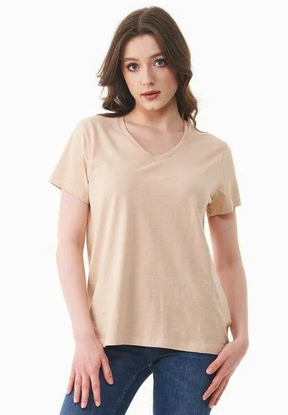 ORGANICATION ORGANICATION Damen Basic T-Shirt aus Bio-Baumwolle mit V-Ausschnitt, Soft beige, – Produktbild 1 von 4