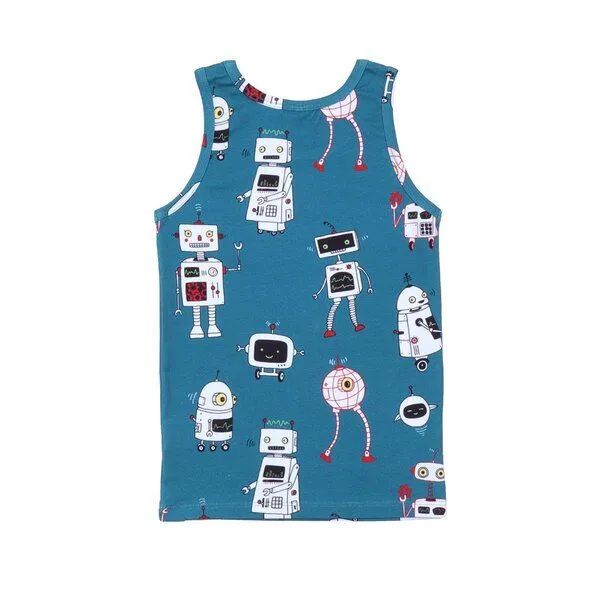 Walkiddy Kinder Unterhemd GOTS zertifiziert, blau, Roboter-Allover „Robots Friends“, weich – Walkiddy – Produktbild 1 von 1