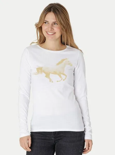 Peaces.bio - handbedruckte Biomode Peaces.bio - handbedruckte Biomode Bio-Damen-Langarmshirt Horsepower, Weiß, – Produktbild 1 von 2