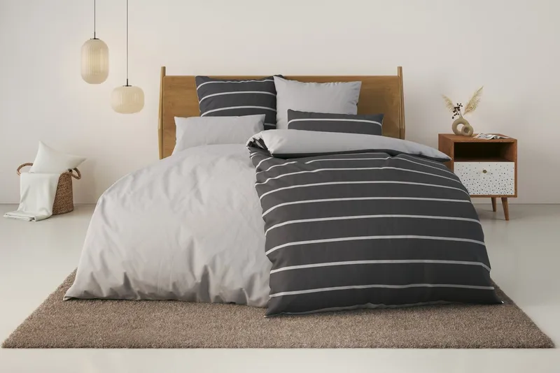 OTTO home Bettwäsche Katja, Linon, 2 teilig, Bettwäsche aus Baumwolle, Bettwäsche mit Streifen-Design, Wendeoptik, Grau, – Produktbild 2 von 5