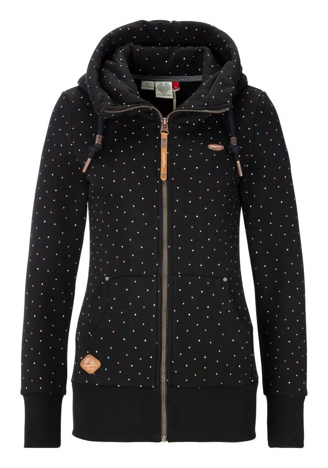 ragwear ragwear Kapuzensweatjacke figurbetont mit gepunktetem Allover-Print und großer Kapuze, Schwarz, – Produktbild 1 von 4