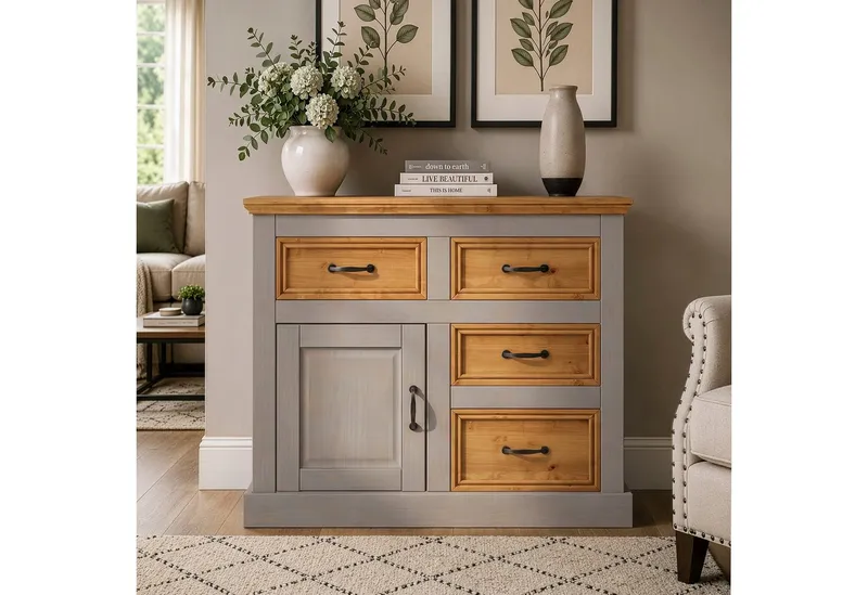 OTTO home Sideboard Selma Kommode mit 1 Tür, 3 Schubläden und 2 Fächer, Metallgriffe, aus massivem Kiefernholz, natürlichen Maserung, Breite/Höhe 100/87 cm, Grau, – Produktbild 2 von 5