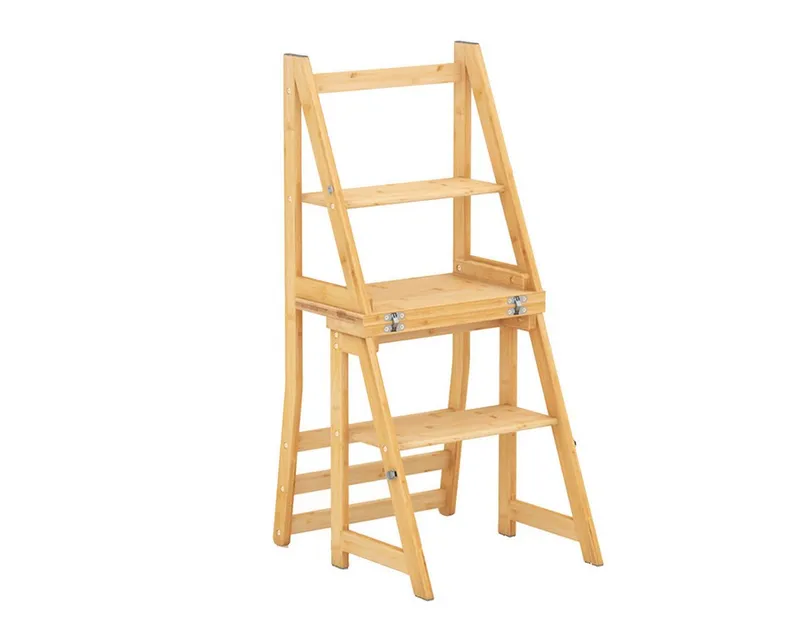 COSTWAY COSTWAY Trittleiter, 3 in 1, Klappstuhl, 3-Stufen, Bambus, 150kg, Beige, – Produktbild 2 von 5