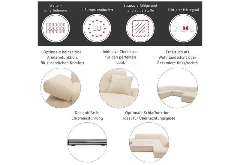 DOMO collection Ecksofa PB MORIC wahlweise mit Bettfunktion + Armteilverstellung, L-Form, im XXL-Format, B/T/H:300/172/80 cm, feine Steppung, Grau|schwarz, – Produktbild 3 von 8