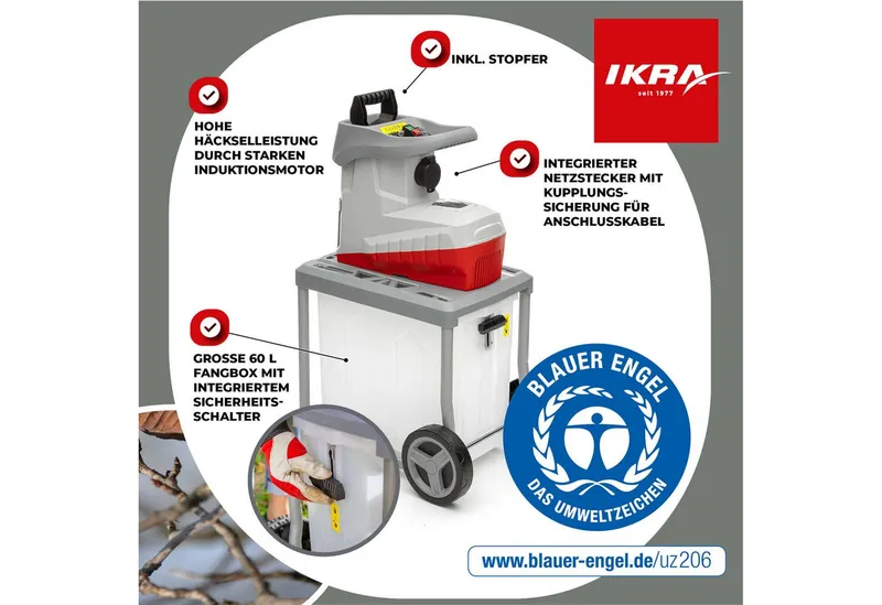 ikra GmbH Häcksler ILWH 3000, 4,5 cm max. Astdurchmesser, 3000 Watt, Walzentechnik, Siegel Blauer Engel – Produktbild 3 von 5