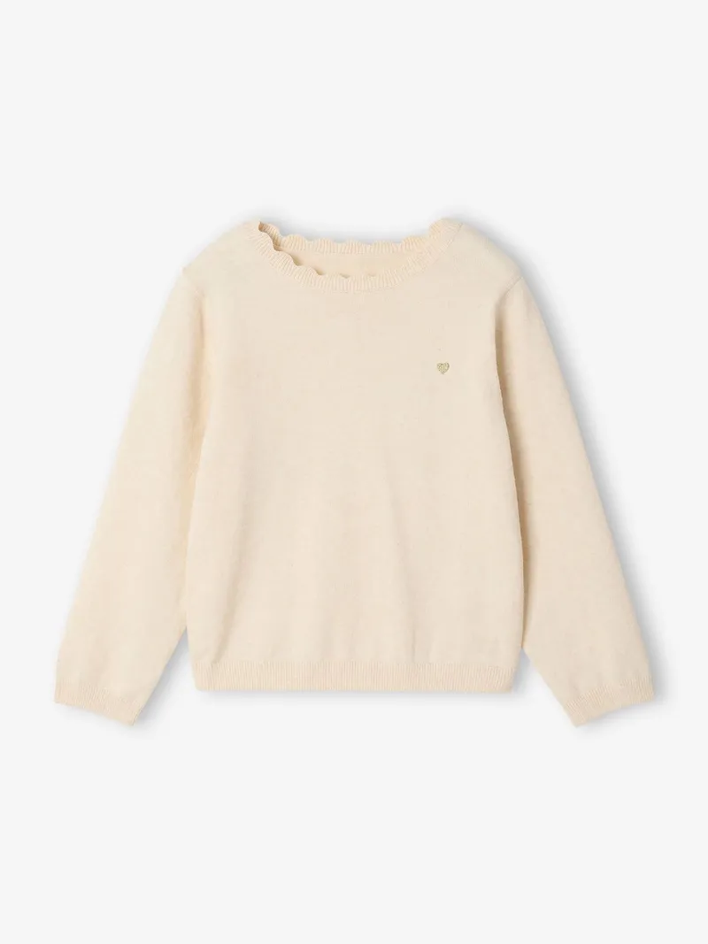 Vertbaudet Mädchen Pullover mit Herz-Stickerei & Wellenausschnitt BASIC, Beige meliert, – Produktbild 3 von 3