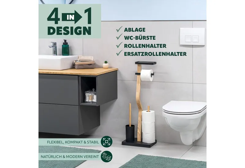 eluno WC-Garnitur freistehend, aus FSC-zertifiziertem Holz und schwarzem Metall, Schwarz, – Produktbild 2 von 5