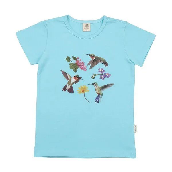 Walkiddy Walkiddy Kinder T-Shirt GOTS zertifiziert – Bio-Baumwolle, Hellblau mit Kolibri- & Blumenmotiv, Blau, – Produktbild 1 von 3