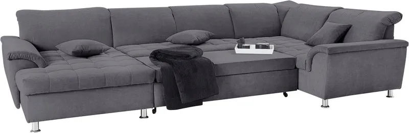 DOMO collection Wohnlandschaft FRANZI optional mit Bettfunktion, Bettkasten & Kopfteilverstellung, U-Form, Recamiere links, dunkelgrau, B/T: 352/214 cm, Grau, – Produktbild 4 von 5