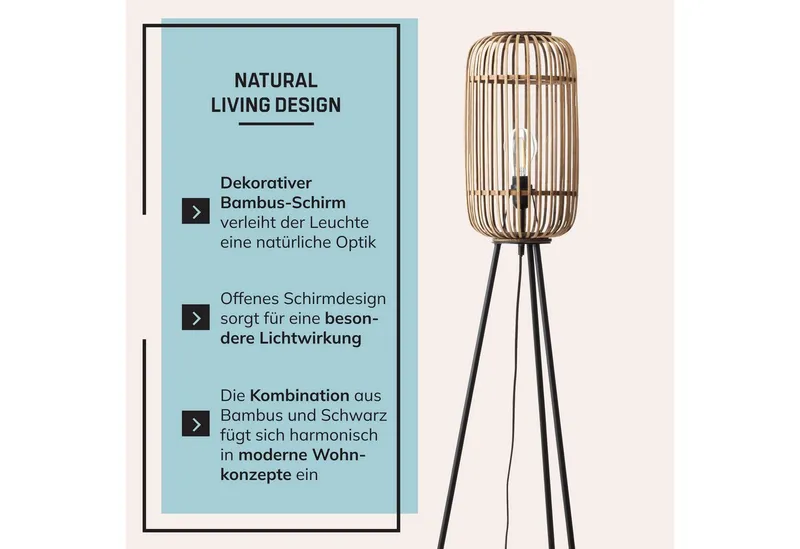 Lightbox Stehlampe, ohne Leuchtmittel, dekorative Dreibein-Lampe - Stehleuchte Nature-Style mit Fußschalter, Braun, – Produktbild 5 von 5