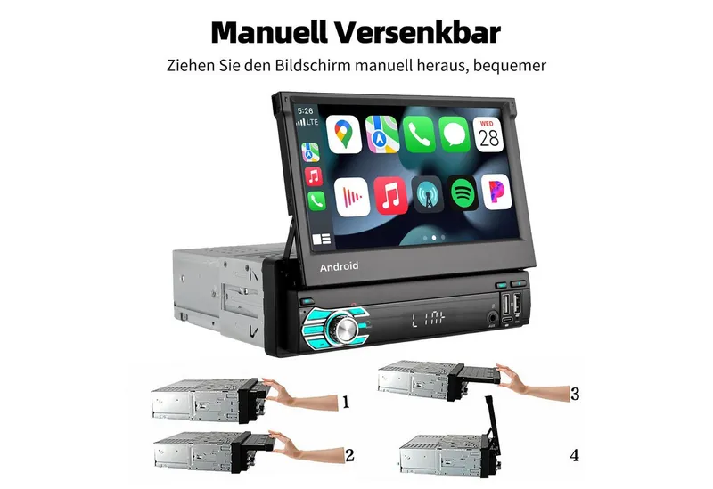 ESSGOO DAB+ 4+64G 1 DIN 7'' Flip Out Android 15/16 Carplay Autoradio GPS WIFI Autoradio (RDS, 4+64GB(optional), Digitalradio (DAB), FM, GPS, WIFI, Apple Carplay Android Auto GPS Navi WIFI BT EQ), Schwarz, – Produktbild 4 von 4