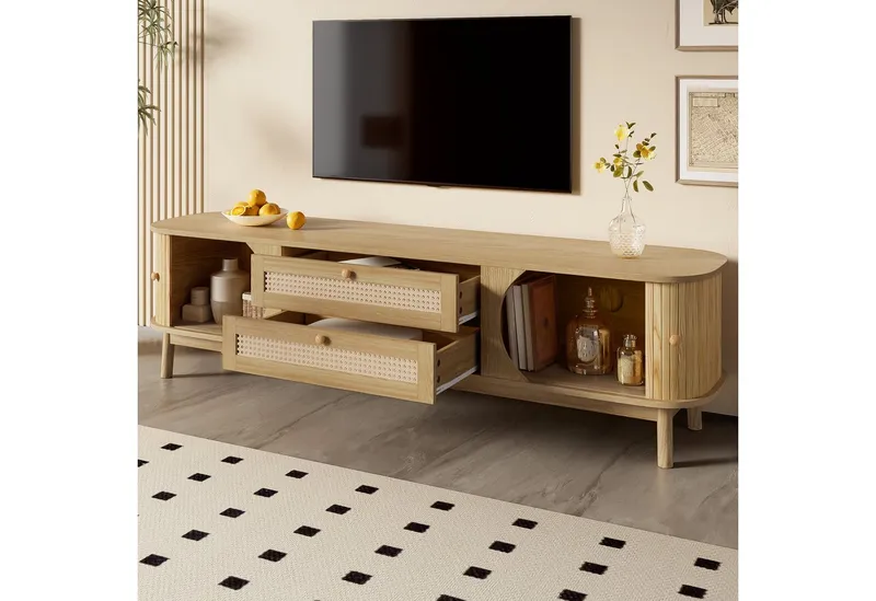 Odikalo TV-Schrank Sideboard Lowboard TV-Ständer mit Türen Schubladen Rattan Seiten Natur 170 L x 39,5 B x46 H(cm) – Produktbild 2 von 5