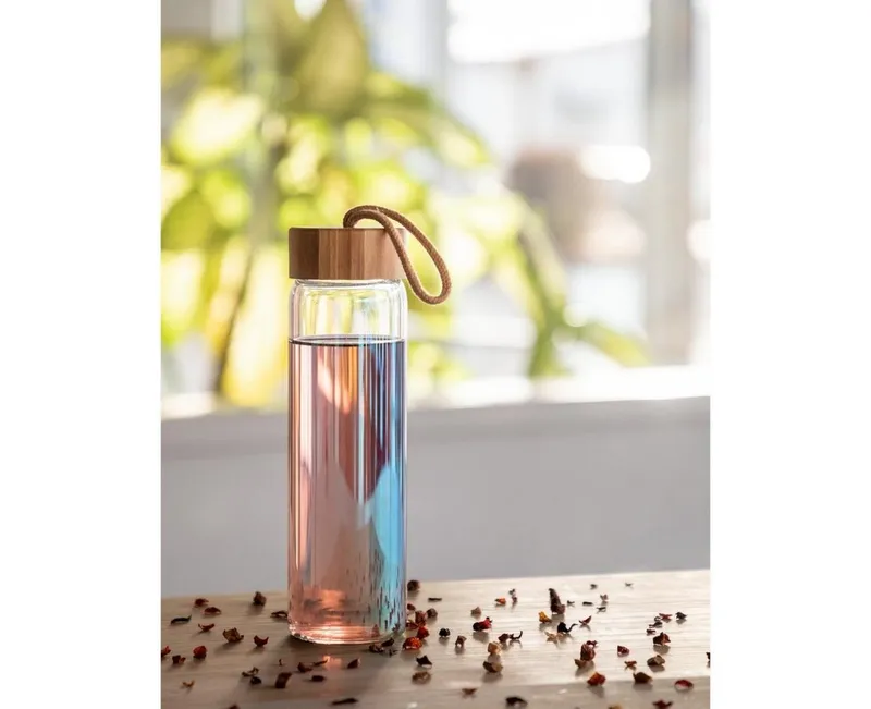 elasto elasto Trinkflasche 0,65 L Wasserflasche Bamboo Glasflsache, Made in Germany, Spülmaschinengeeignet, 100% recylebar, Becher, Mehrfarbig, – Produktbild 3 von 3