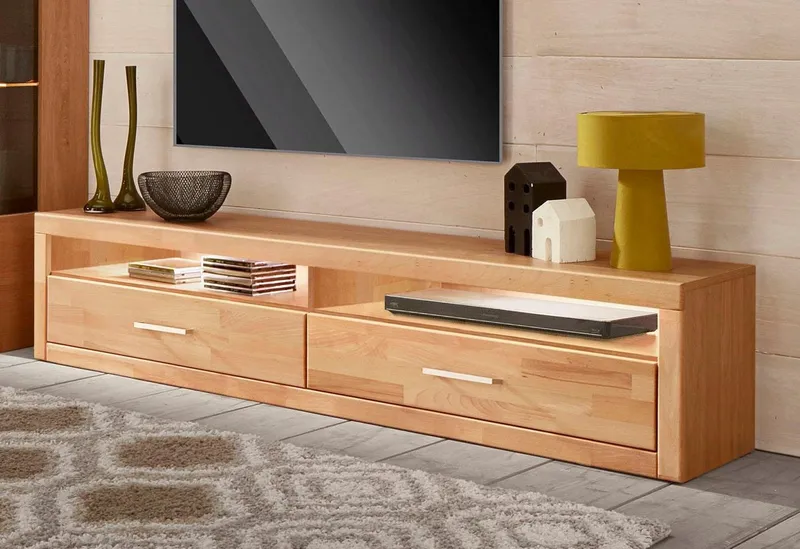 OTTO home Lowboard Ribe,180cm breit, Fronten Massivholz,4 Fächer,Kabeldurchführung, Holz massiv, Holzwerkstoff, Metall Griffe,2 Klappen, Braun, – Produktbild 1 von 4