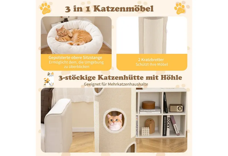 COSTWAY COSTWAY Kratzbaum Katzentonne mit 3 Höhlen, 4 Ebenen Katzentonne, 113 cm hoch, Natur, – Produktbild 4 von 5