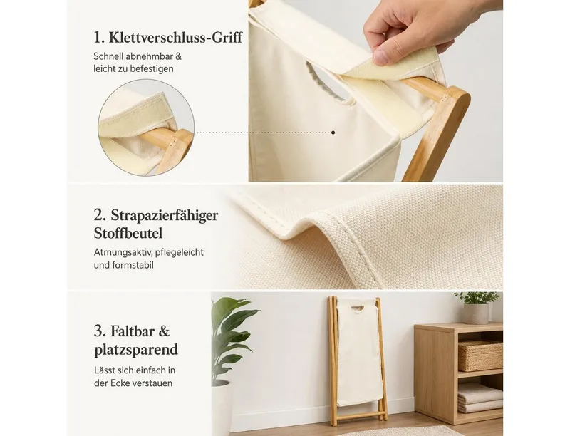 Zedelmaier Wäschekorb aus Bambus, Wäschesammler mit Fächern, Wäschesortierer Holz (2 St), mit 66 Liter pro Stück, für Badezimmer Schlafzimme Waschküche, Beige, – Produktbild 5 von 5