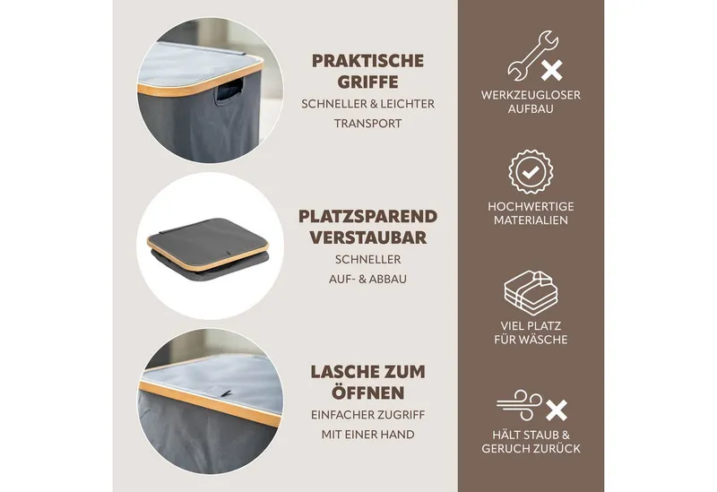 bremermann Wäschekorb Wäschesammler mit herausnehmbarem Sack und Deckel, ca. 60 Liter (1 St), Grau, – Produktbild 5 von 5
