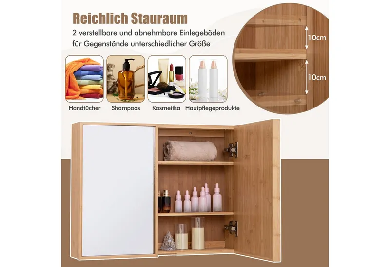 COSTWAY COSTWAY Spiegelschrank Bambus, mit 2 Türen, 2 verstellbaren Regalen, 65cm, Beige, – Produktbild 2 von 5